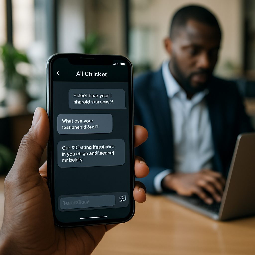 An AI chatbot interface on a smartphone, instantly answering a customer while a human agent in the background types slowly