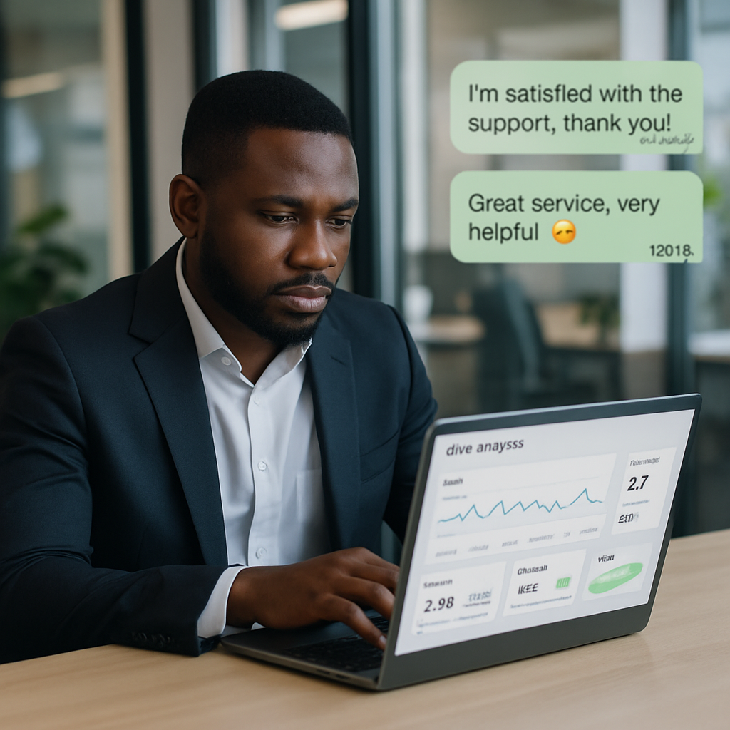 A Nigerian business owner reviewing Abby AI’s detailed chat analytics on a laptop, with satisfied customers’ WhatsApp messages in the background