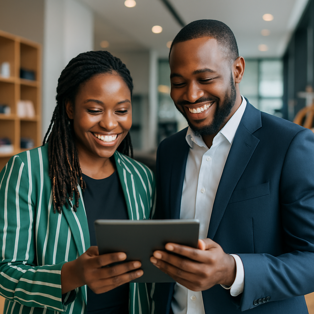 Two Nigerian business owners in a shop, smiling while reviewing WhatsApp reminder responses on a tablet