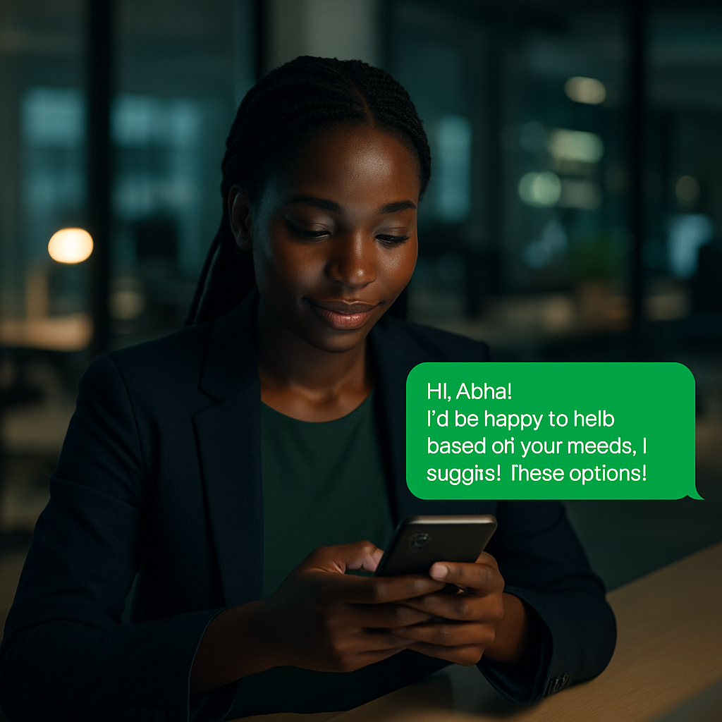 A young Nigerian woman messaging a business on WhatsApp late at night, with an AI agent greeting her by name and offering tailored product recommendations