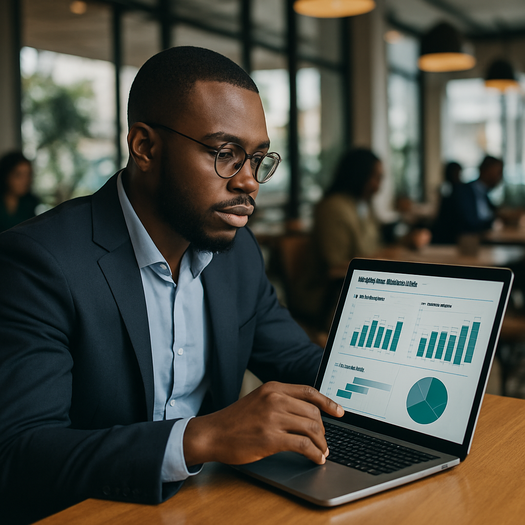 A tech entrepreneur in a modern Lagos café reviewing his business analytics dashboard, comparing lead generation stats from a landing page and a full website