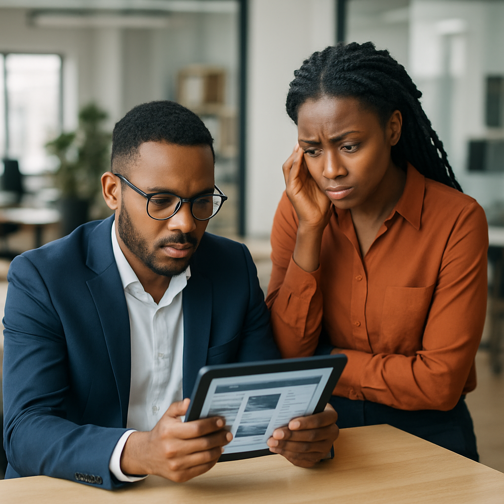 A Port Harcourt IT specialist troubleshooting a business website on a tablet, with a worried client looking on
