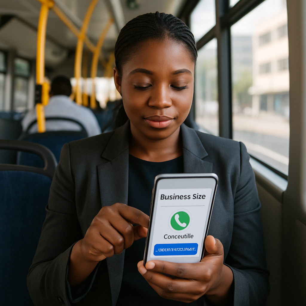 A Nigerian customer on a bus tapping a WhatsApp chat button on a business site and getting an instant reply from an AI agent.