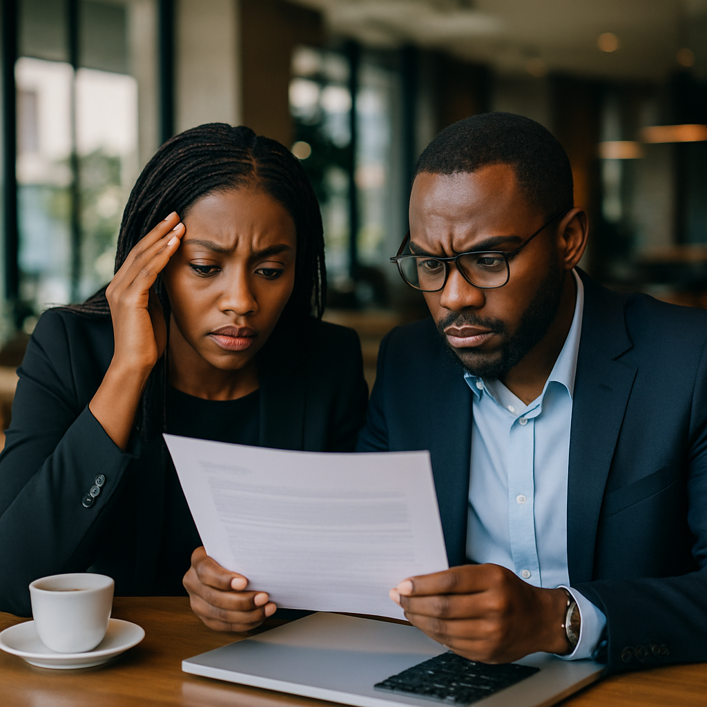 Two business owners in Port Harcourt looking worried as they review a confusing website contract at a café