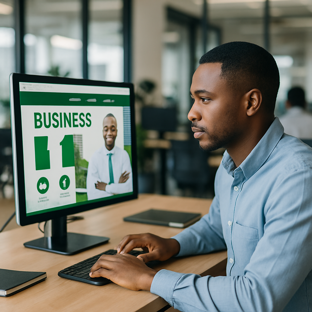 A web designer in Abuja customising a business website with Nigerian colours, local images, and branded graphics