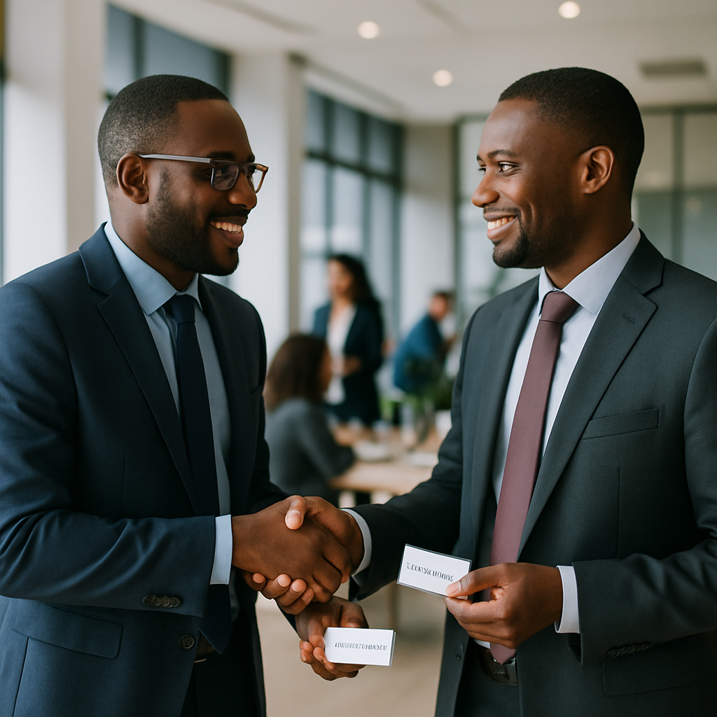 Two Nigerian business owners shaking hands at a networking event, exchanging business cards with visible website addresses
