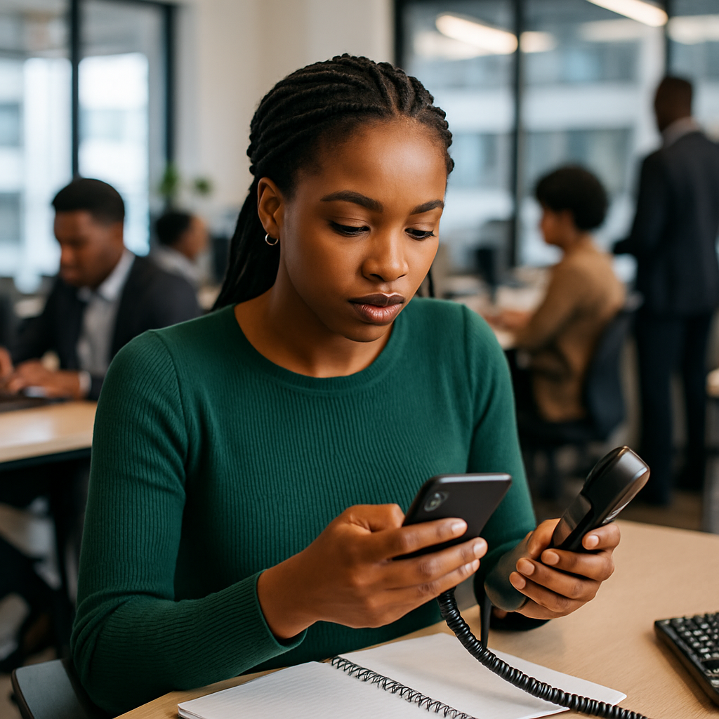 A Nigerian sales rep in a busy office checking WhatsApp follow-up reminders on her phone and scheduling calls with prospects