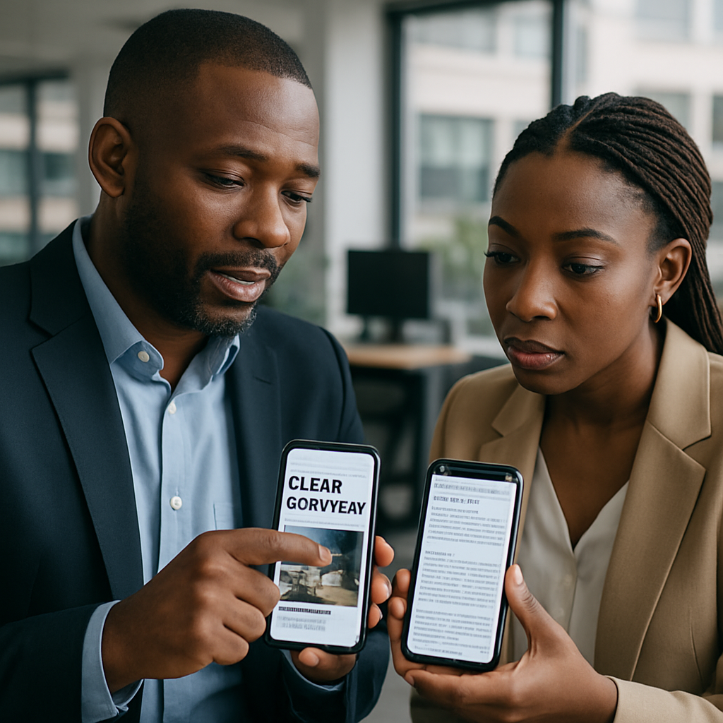 Nigerian business owner showing a colleague how clear, bold text and big images look on their mobile-friendly site compared to a cramped, hard-to-read competitor.
