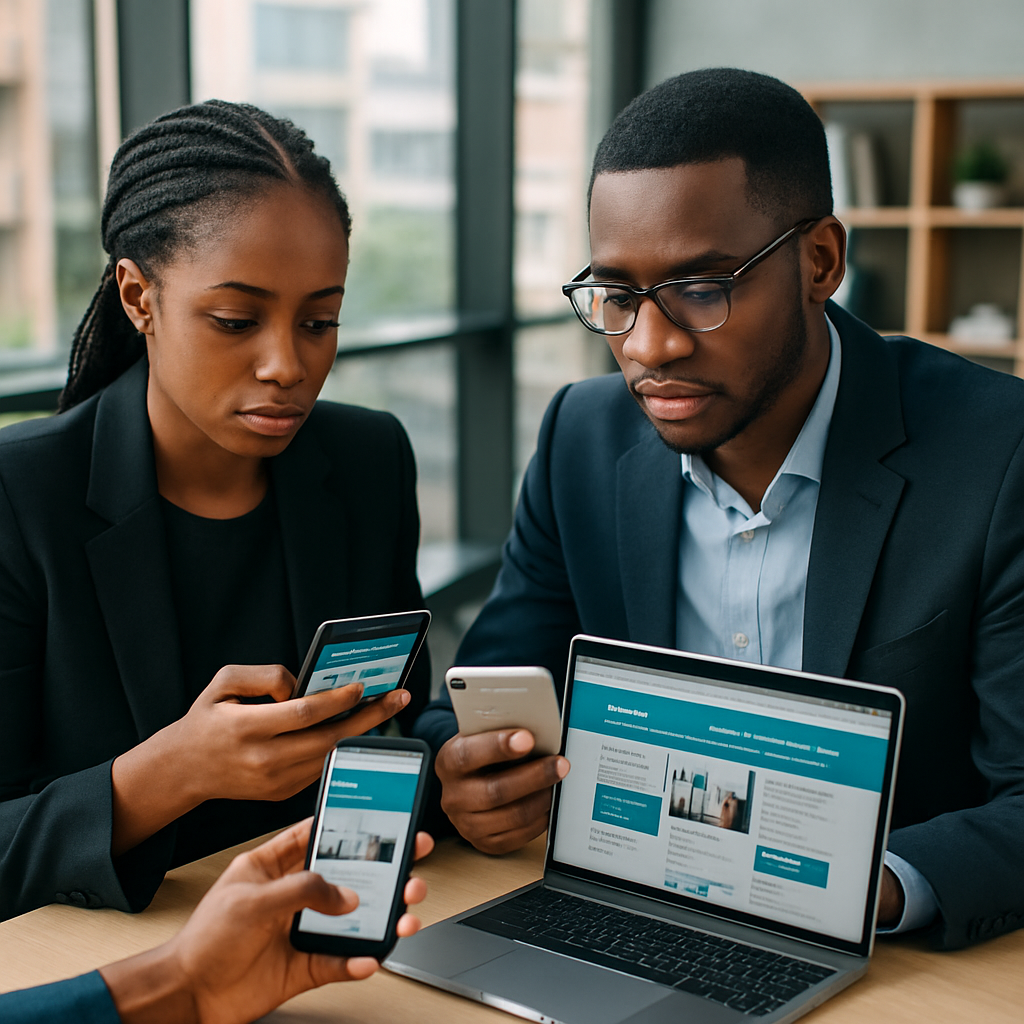 Two young Nigerian professionals testing a business website on multiple smartphones and a laptop