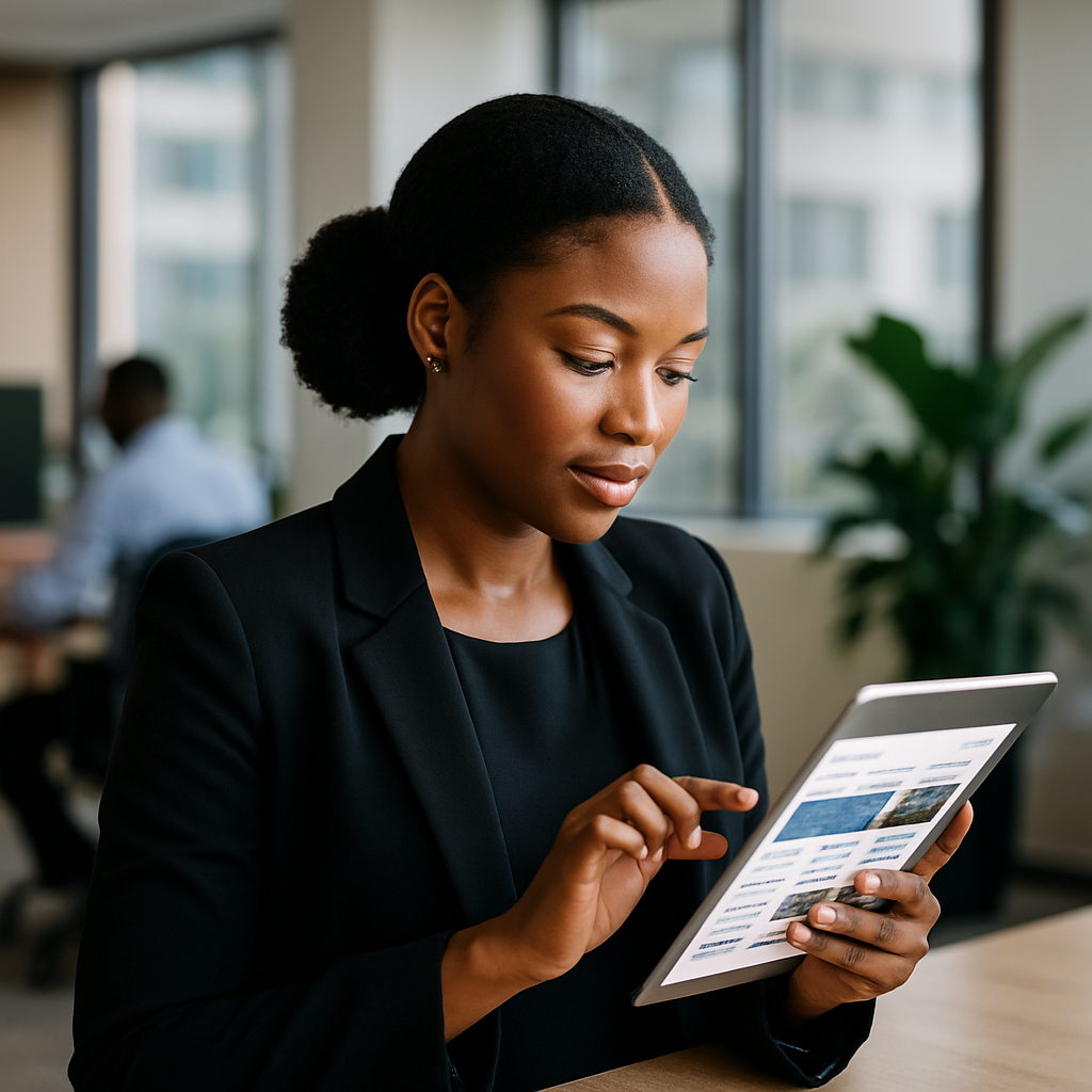A Nigerian businesswoman using a tablet to easily find information on a well-organised SME website