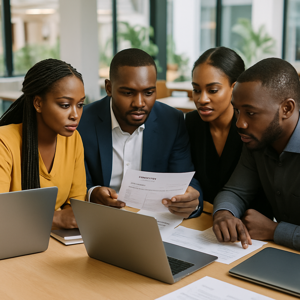 What’s the Real Cost of SEO Services in Lagos and Abuja?<span class="wtr-time-wrap after-title"><span class="wtr-time-number">6</span> min read</span> | Albanny Technologies - Web Design, Mobile App Development, SEO, and Digital Marketing Services SEO cost Lagos Abuja - A group of Nigerian business owners sitting around a table with laptops and printed invoices, com