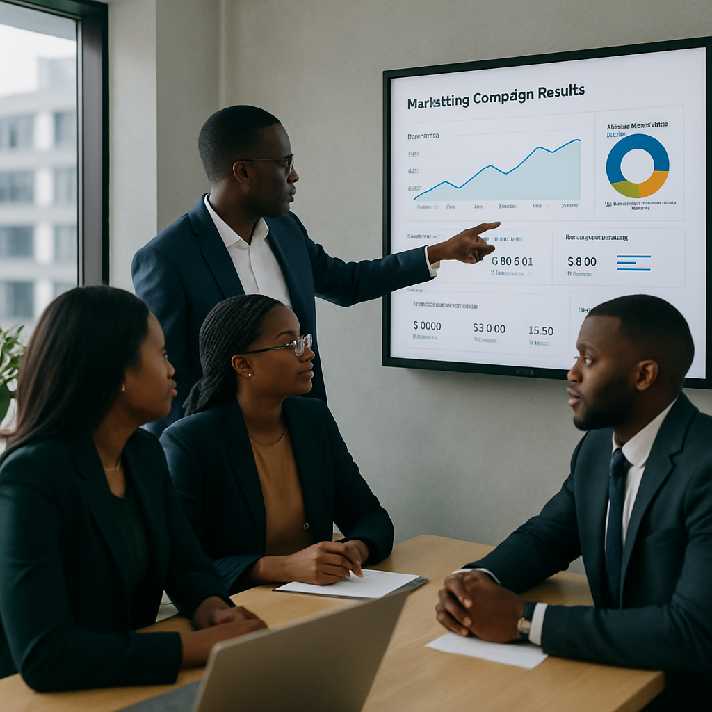 agency vs inhouse marketing Nigeria - Nigerian professionals in a Lagos office reviewing marketing campaign results on a