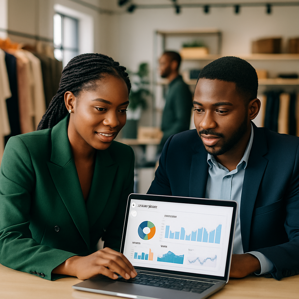 digital marketing tactics Nigeria - Young Nigerian entrepreneurs in a busy boutique, checking Instagram campaign analyti