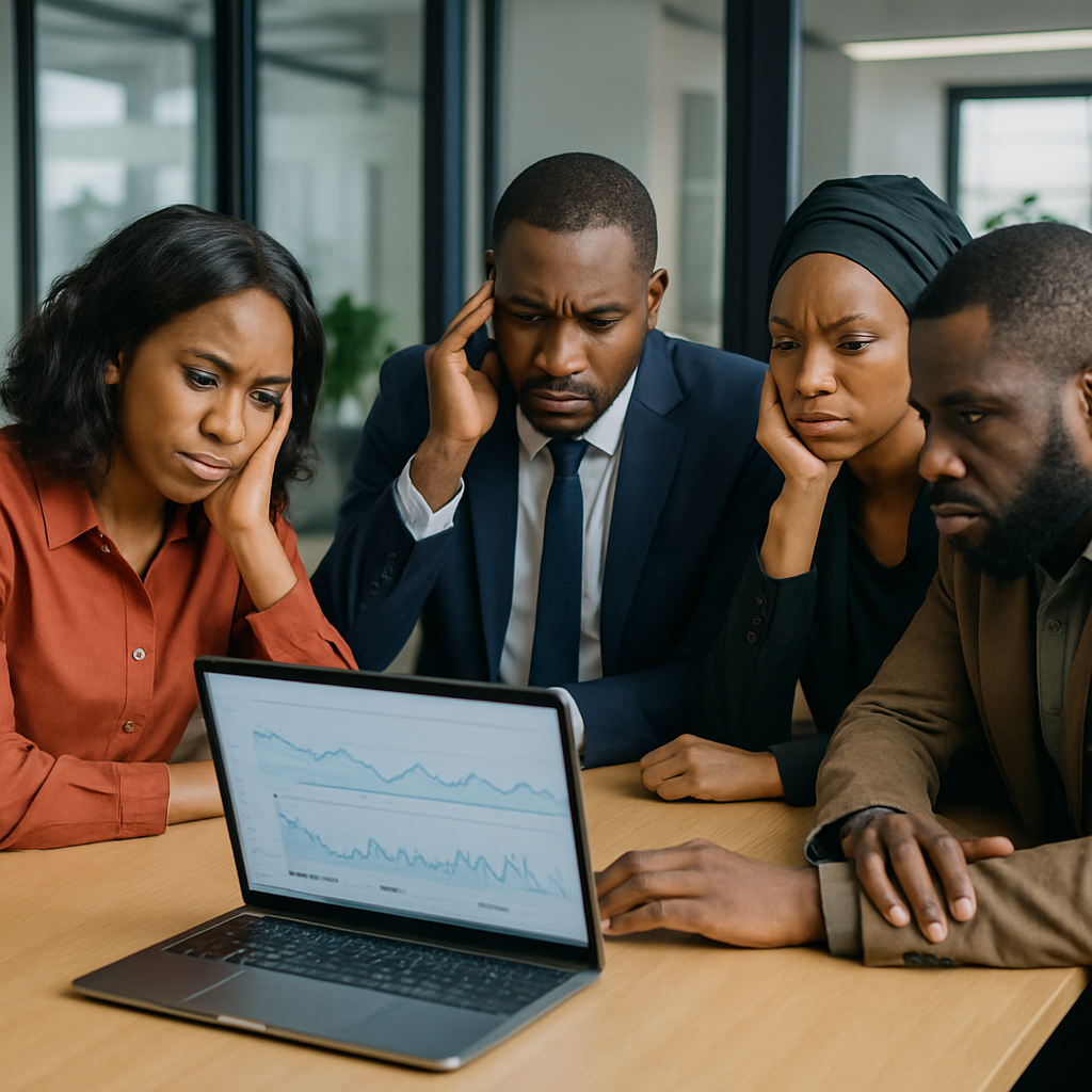 SEO agency Nigeria - A group of Nigerian business owners sitting around a conference table, looking frustrated while rev