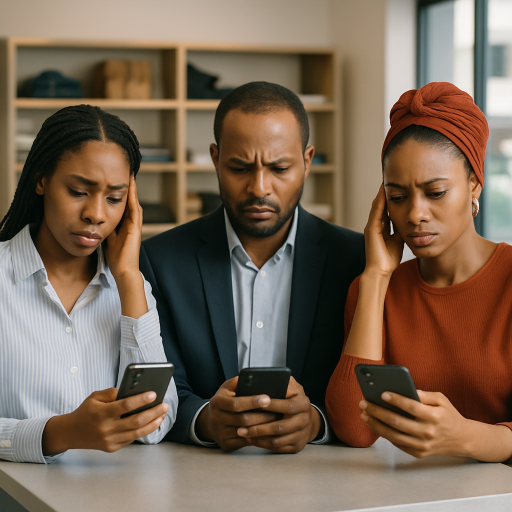 WhatsApp lead generation Nigeria - Three Nigerian SME owners in a small shop, all looking frustrated as they check their