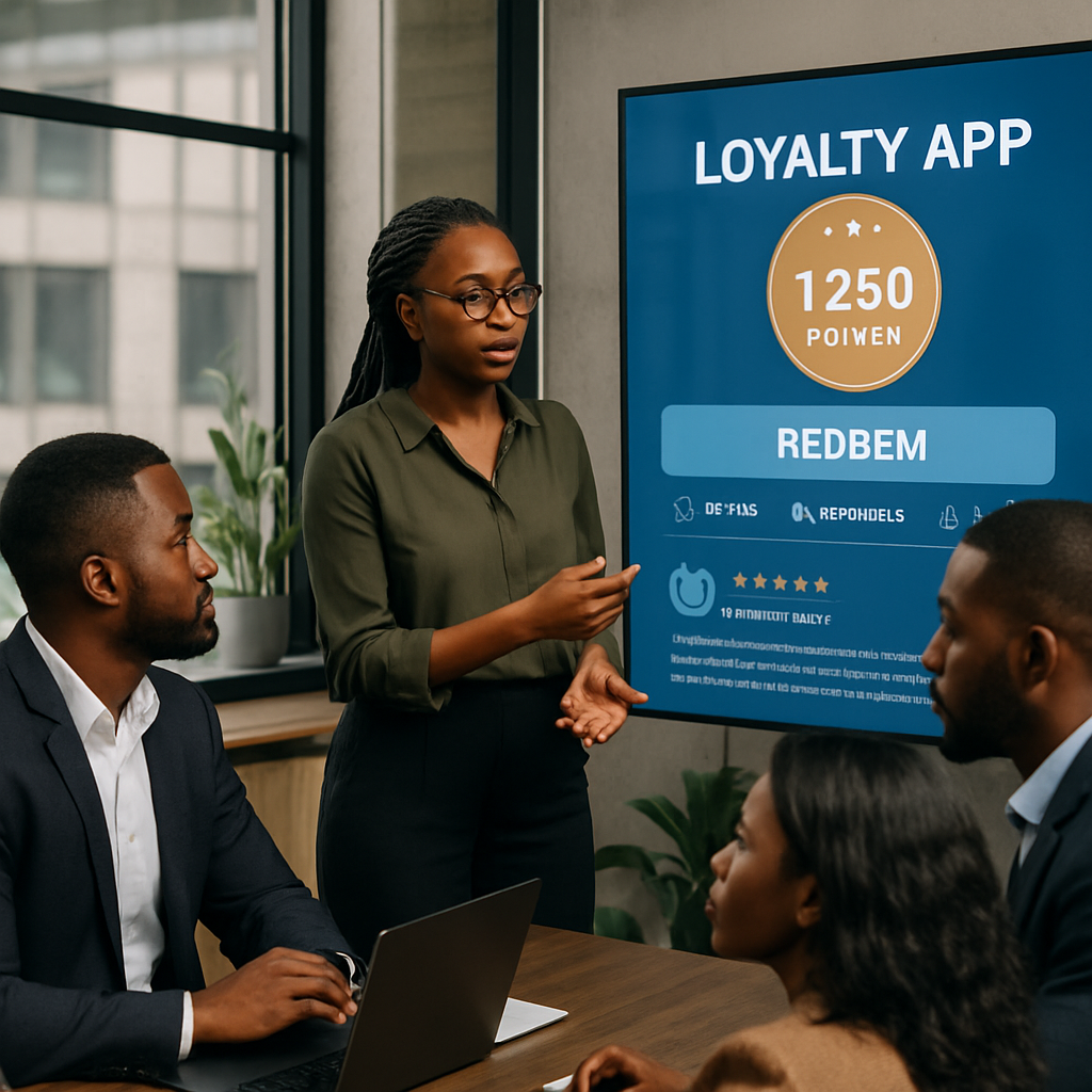 customer loyalty app Nigeria - Nigerian professionals in a Lagos office reviewing a loyalty app interface on a large scr