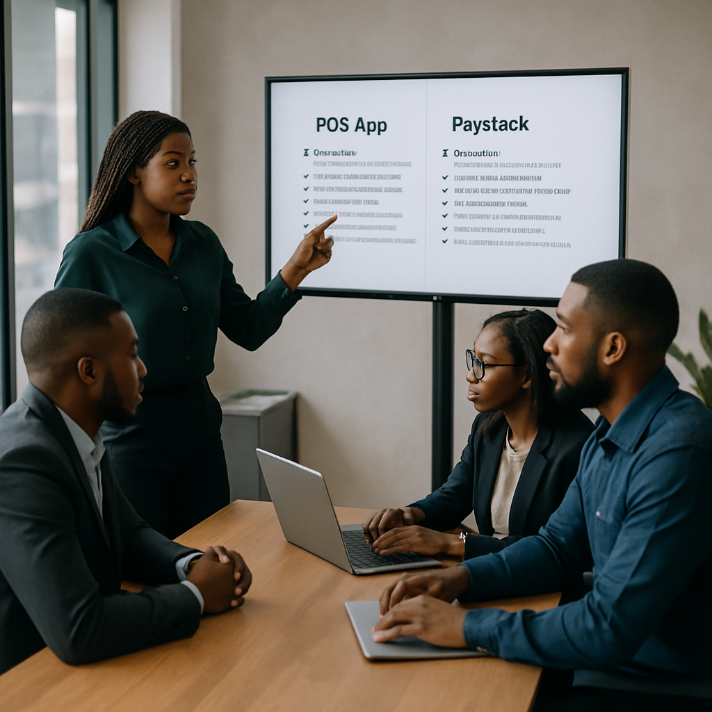 POS app vs Paystack - Nigerian professionals in a Lagos office reviewing POS app and Paystack integration options on a l