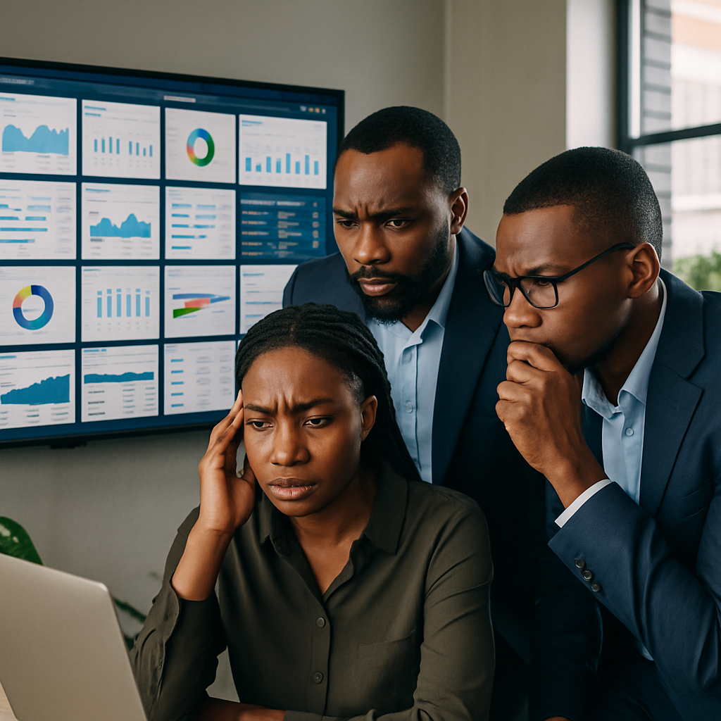 business software Nigeria - Nigerian professionals in a Lagos office reviewing multiple software dashboards on a large s