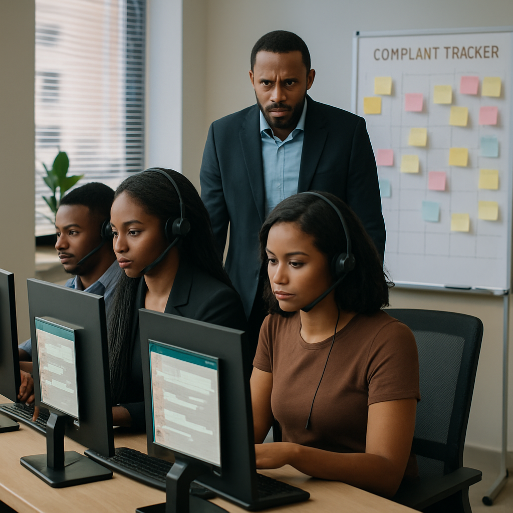 whatsapp customer complaints - Three Nigerian customer service representatives seated at desks, each focused on WhatsApp