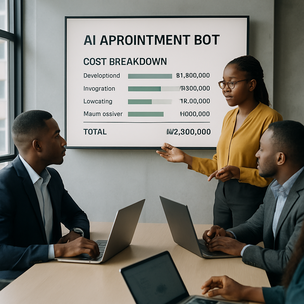 What AI Appointment Scheduling Costs Nigerian Small Businesses in 2026<span class="wtr-time-wrap after-title"><span class="wtr-time-number">6</span> min read</span> | Albanny Technologies - Web Design, Mobile App Development, SEO, and Digital Marketing Services ai appointment scheduling cost - Nigerian professionals in a Lagos office reviewing AI appointment bot cost breakdowns o