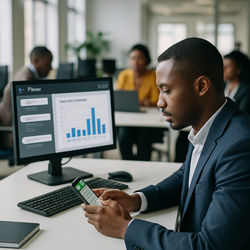 ai agent vs human whatsapp - A busy Nigerian office with a staff member rapidly typing responses on WhatsApp while a mon