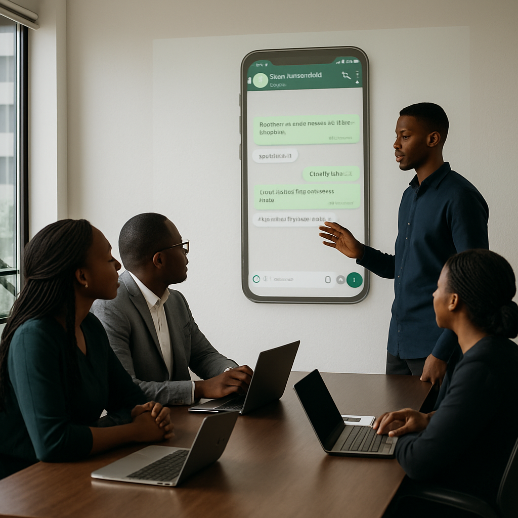whatsapp lead capture bot - A small team of Nigerian entrepreneurs in a modern Lagos office, watching a demo of a WhatsA