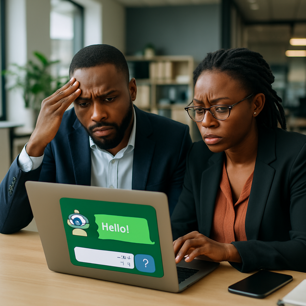 whatsapp support automation mistakes - Two SME business owners in Abuja watching a WhatsApp bot demo on a laptop, one lo