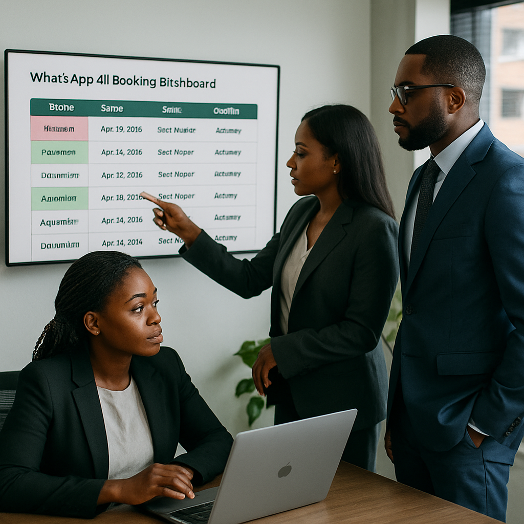 whatsapp ai booking problems - Nigerian professionals in a Lagos office reviewing a WhatsApp AI booking dashboard on a l