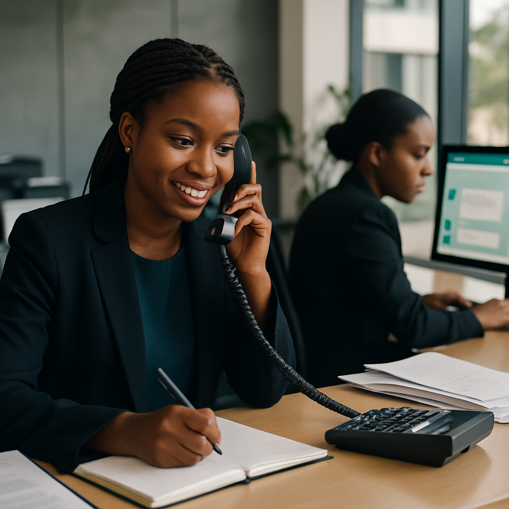 automated whatsapp reminders - Nigerian receptionist making phone calls at a cluttered front desk, while her colleague c