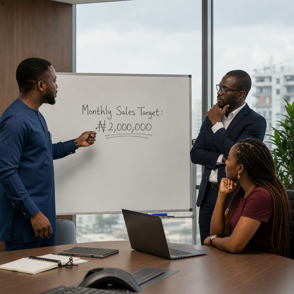 digital marketing plan nigeria - Three Nigerian entrepreneurs in a boardroom, discussing a whiteboard with “Monthly Sale