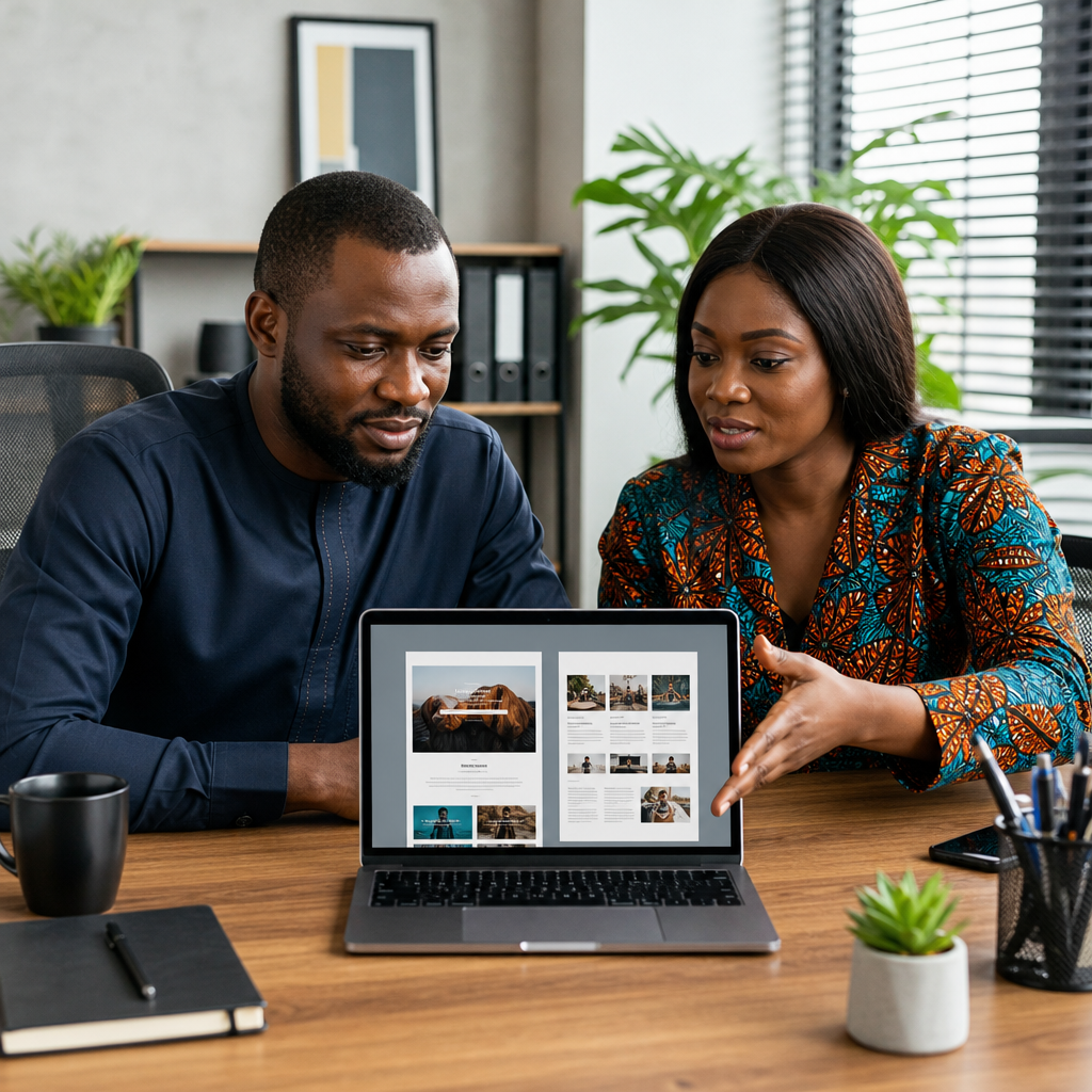 landing page vs website abuja - An Abuja SME owner and a web designer compare a one-page campaign mock-up with a multi-p
