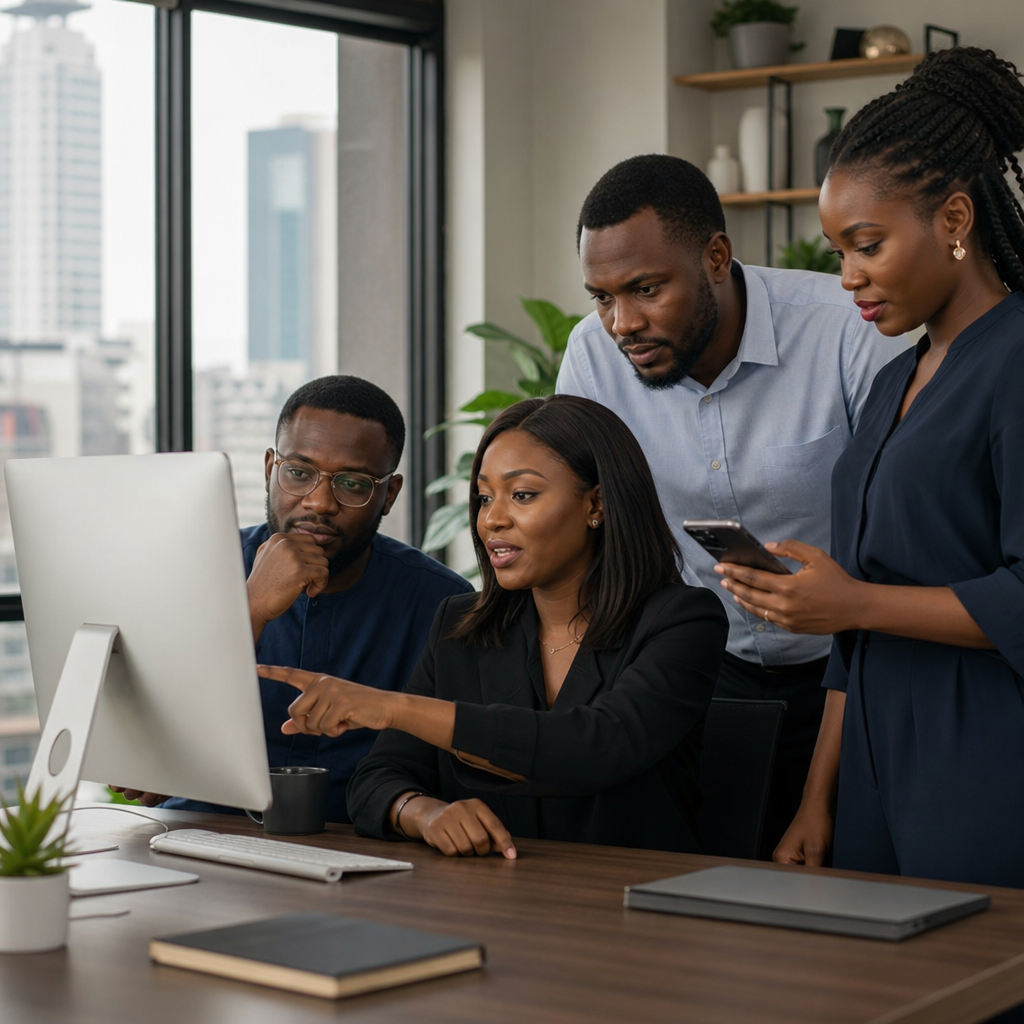 website first impression nigeria - A small Lagos consulting team reviews a business homepage on a large desktop monitor