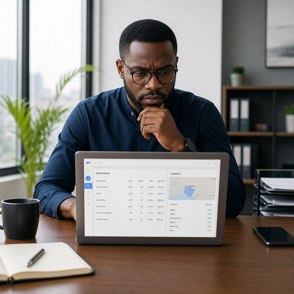 google ads not working nigeria - A Nigerian marketing manager and small-business owner in a Lagos office reviewing Googl