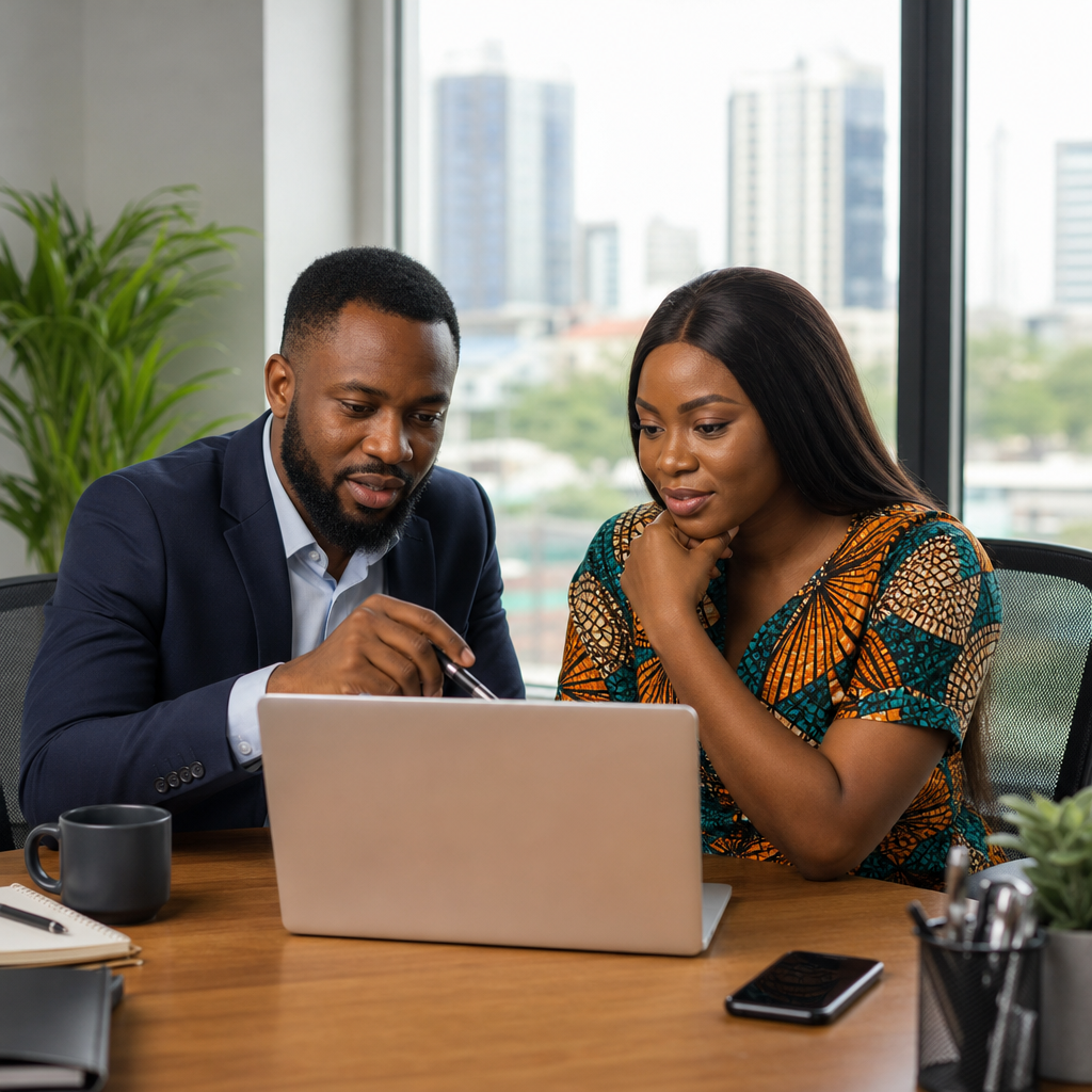 social media marketing cost nigeria - A Lagos small-business owner and marketing consultant reviewing a monthly social m