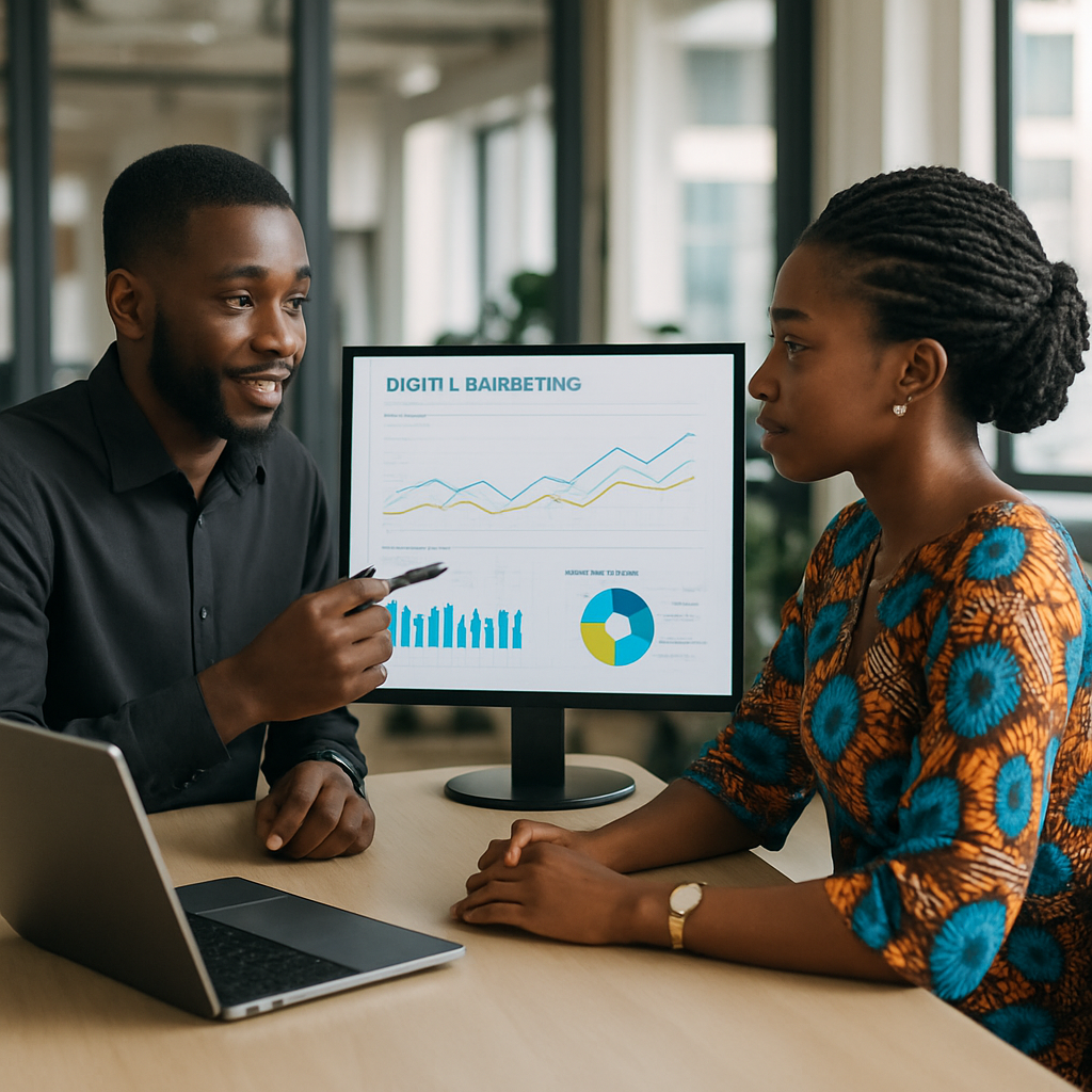 What’s the Real Cost of SEO Services in Lagos and Abuja?<span class="wtr-time-wrap after-title"><span class="wtr-time-number">6</span> min read</span> | Albanny Technologies - Web Design, Mobile App Development, SEO, and Digital Marketing Services A Nigerian SEO specialist in a tech hub presenting a digital marketing dashboard with traffic graphs to a businesswoman in Ankara attire.