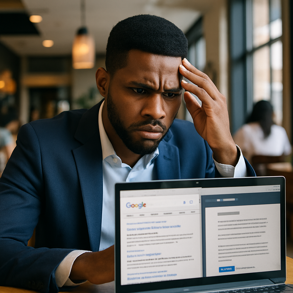 Young Nigerian entrepreneur in a café, frustratedly comparing Google search results and their own website on a laptop