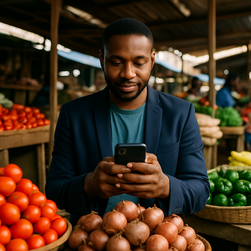 Nigerian shop owner at a market stall, responding to customer orders and sending product photos via WhatsApp on a smartphone