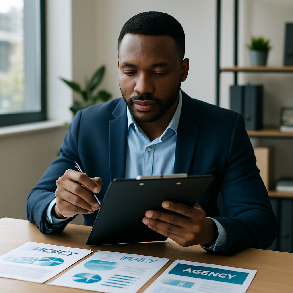 A Nigerian entrepreneur in a smart-casual outfit examining a checklist on a clipboard, with several agency brochures spread out on a desk.