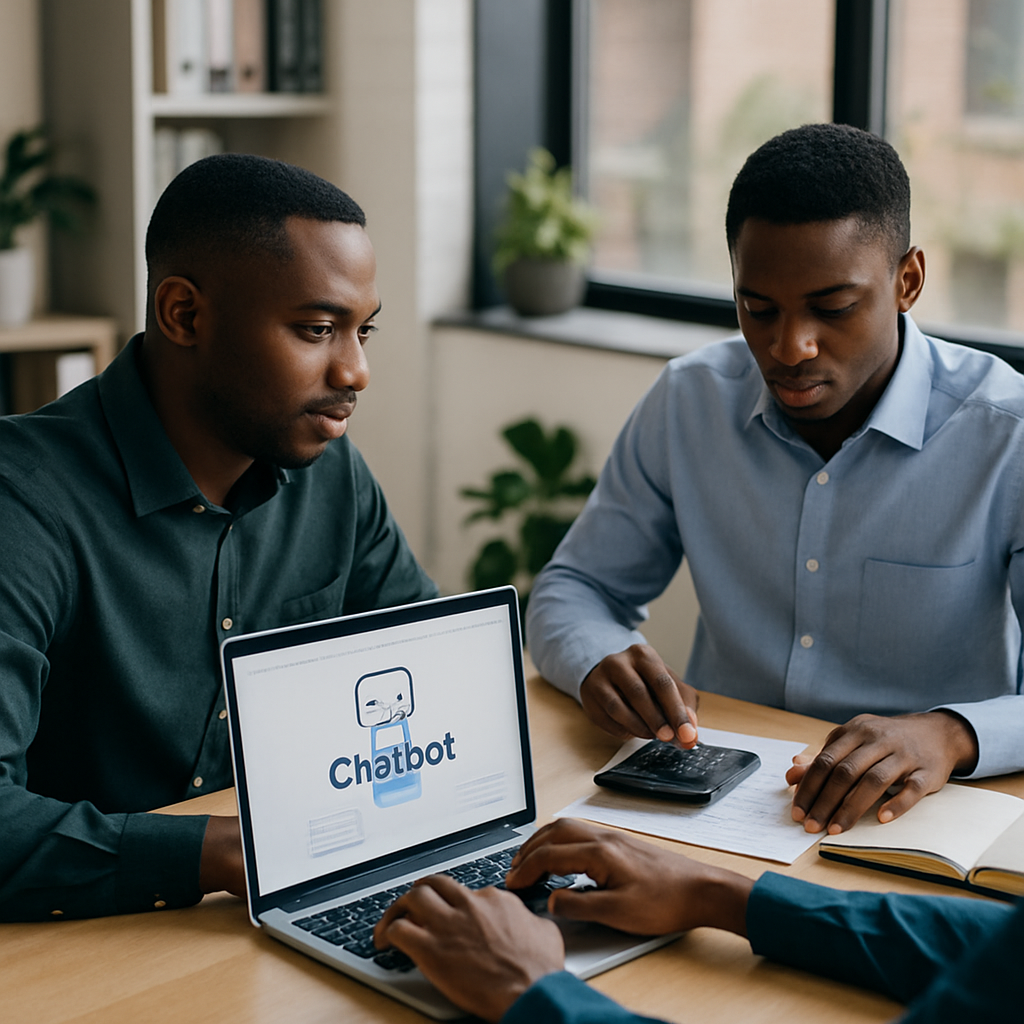 Young Nigerian entrepreneurs in a small business setting, one using a laptop to set up a chatbot while another tracks savings on a calculator