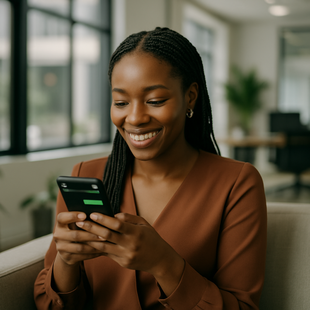 A young Nigerian woman in her living room, actively chatting with a business on WhatsApp, smiling as she receives quick, personalised replies on her phone.