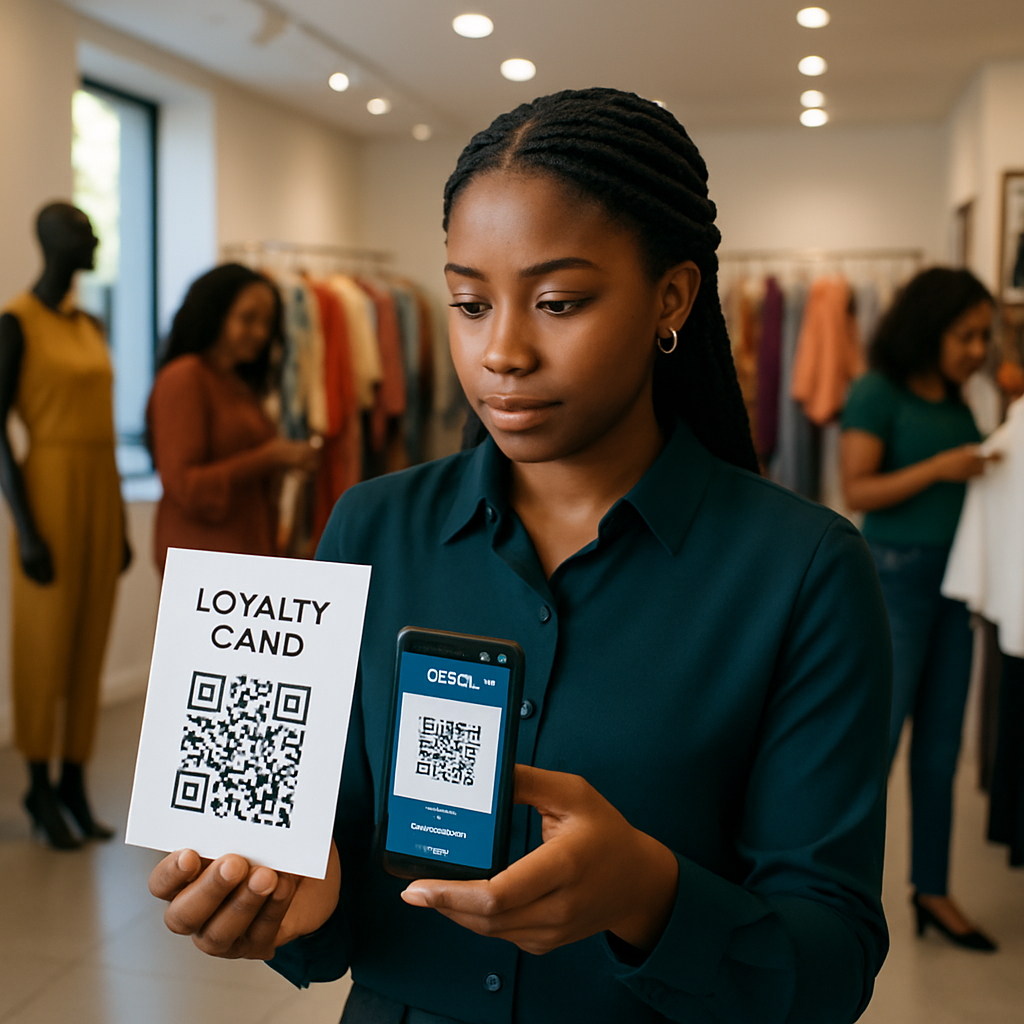 A young woman in a Nigerian boutique scanning a QR code on a loyalty app to redeem rewards, with others browsing in the background