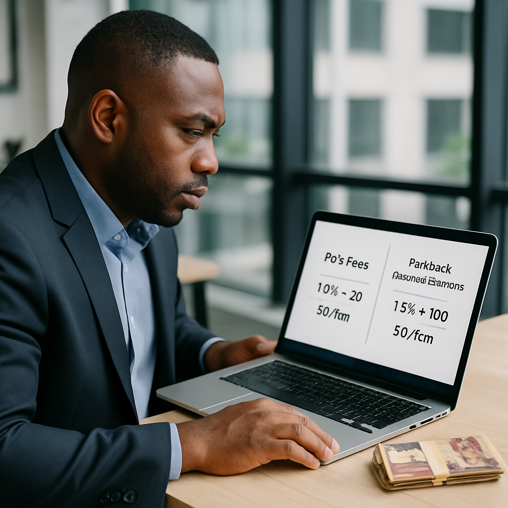 Close-up of Nigerian business owner comparing POS fees and Paystack transaction charges on a laptop with naira notes beside the device