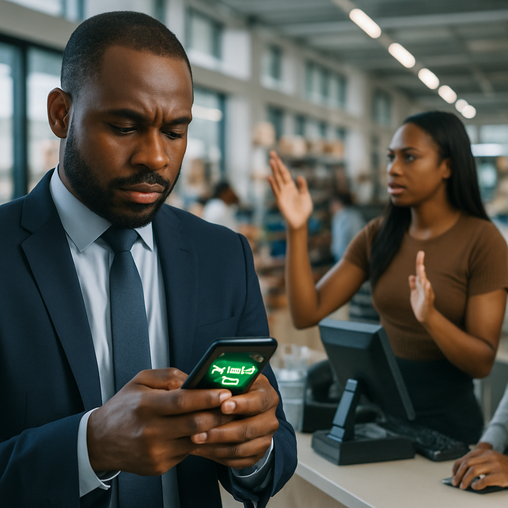 A Nigerian business owner reviewing a smartphone with multiple unread WhatsApp messages, while a dissatisfied customer gestures at a cashier in a busy shop.