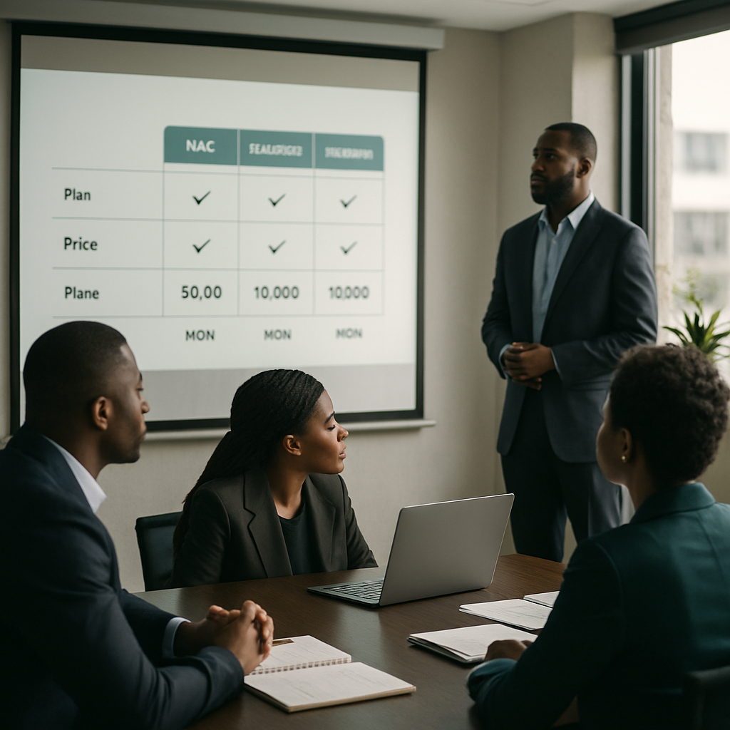 What AI Appointment Scheduling Costs Nigerian Small Businesses in 2026<span class="wtr-time-wrap after-title"><span class="wtr-time-number">6</span> min read</span> | Albanny Technologies - Web Design, Mobile App Development, SEO, and Digital Marketing Services Side-by-side comparison chart projected in a Nigerian boardroom, showing pricing plans from different local AI appointment bot providers.