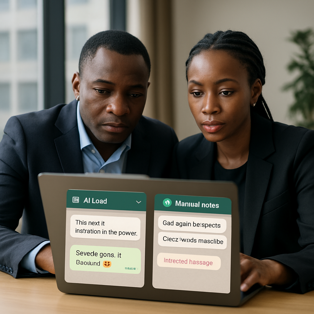 Two Nigerian sales reps reviewing WhatsApp chats on a laptop, one showing AI-powered lead tagging and the other displaying manual notes and missed follow-ups.