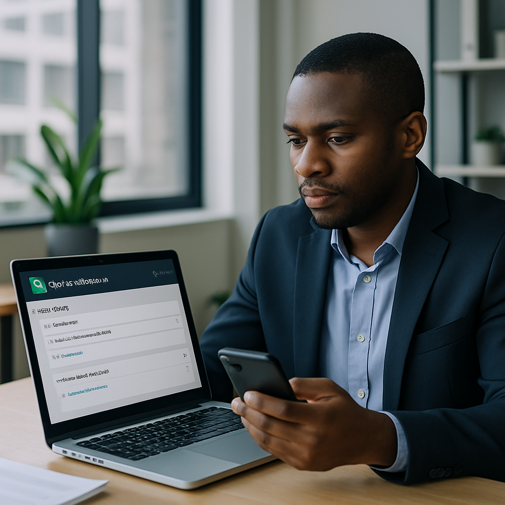 A Nigerian SME owner at their desk, laptop open, configuring bot settings on a WhatsApp Business dashboard, with a phone in hand for live testing.