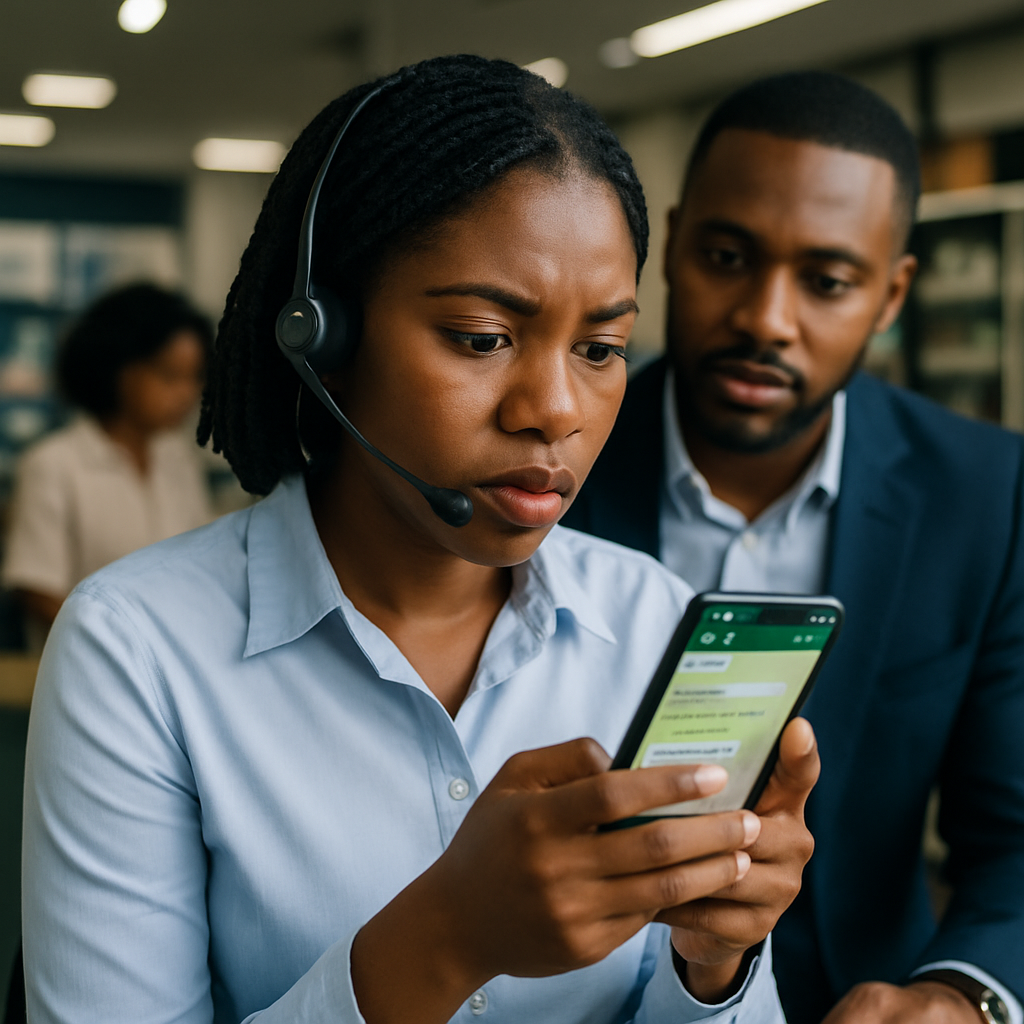 Customer support staff in a Port Harcourt shop jumping in on a live WhatsApp chat after a bot escalates a complaint