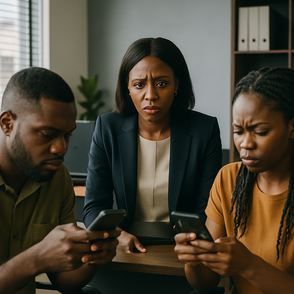 A Nigerian business owner in a small office watching confused customers type appointment requests into WhatsApp on their phones