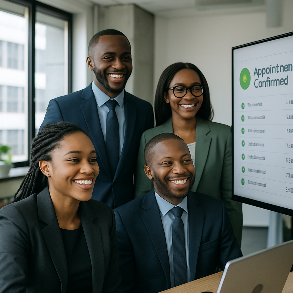 Team of Nigerian business staff smiling as they monitor appointment confirmations on a large screen in a modern office
