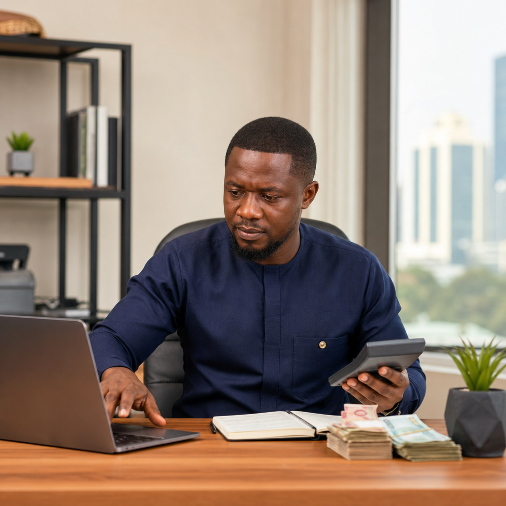 A Nigerian business owner at a desk, calculating marketing spend on a laptop and holding a calculator with naira notes nearby